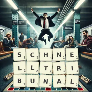 Kreative Illustration für ein Scrabble-Spiel, bei dem das Wort SCHNELLTRIBUNAL mit Steinen auf dem Brett gelegt wurde.