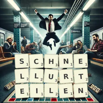 Kreative Illustration für ein Scrabble-Spiel, bei dem das Wort SCHNELLURTEILEN mit Steinen auf dem Brett gelegt wurde.