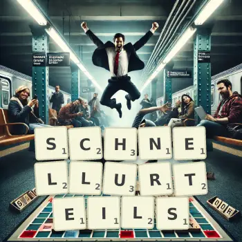 Kreative Illustration für ein Scrabble-Spiel, bei dem das Wort SCHNELLURTEILS mit Steinen auf dem Brett gelegt wurde.
