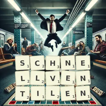 Kreative Illustration für ein Scrabble-Spiel, bei dem das Wort SCHNELLVENTILEN mit Steinen auf dem Brett gelegt wurde.