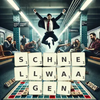 Kreative Illustration für ein Scrabble-Spiel, bei dem das Wort SCHNELLWAAGEN mit Steinen auf dem Brett gelegt wurde.