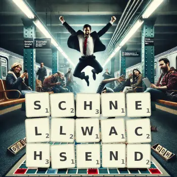 Kreative Illustration für ein Scrabble-Spiel, bei dem das Wort SCHNELLWACHSEND mit Steinen auf dem Brett gelegt wurde.