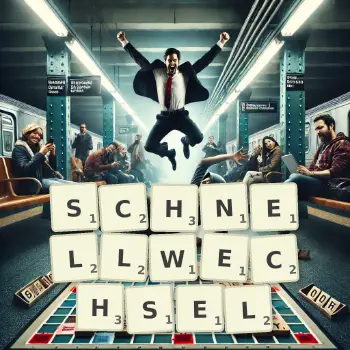 Kreative Illustration für ein Scrabble-Spiel, bei dem das Wort SCHNELLWECHSEL mit Steinen auf dem Brett gelegt wurde.