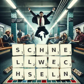Kreative Illustration für ein Scrabble-Spiel, bei dem das Wort SCHNELLWECHSELN mit Steinen auf dem Brett gelegt wurde.