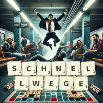 Kreative Illustration für ein Scrabble-Spiel, bei dem das Wort SCHNELLWEGE mit Steinen auf dem Brett gelegt wurde.