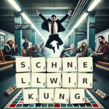 Kreative Illustration für ein Scrabble-Spiel, bei dem das Wort SCHNELLWIRKUNG mit Steinen auf dem Brett gelegt wurde.