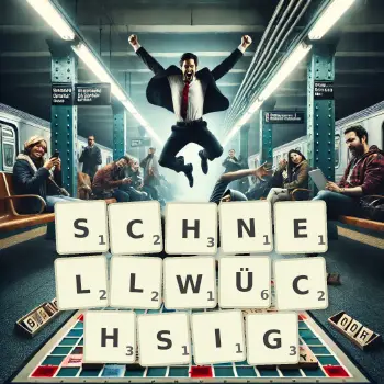 Kreative Illustration für ein Scrabble-Spiel, bei dem das Wort SCHNELLWÜCHSIG mit Steinen auf dem Brett gelegt wurde.