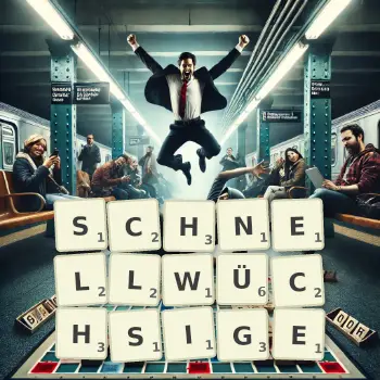 Kreative Illustration für ein Scrabble-Spiel, bei dem das Wort SCHNELLWÜCHSIGE mit Steinen auf dem Brett gelegt wurde.