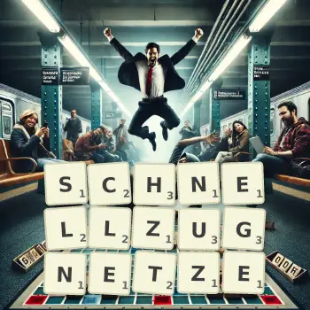 Kreative Illustration für ein Scrabble-Spiel, bei dem das Wort SCHNELLZUGNETZE mit Steinen auf dem Brett gelegt wurde.