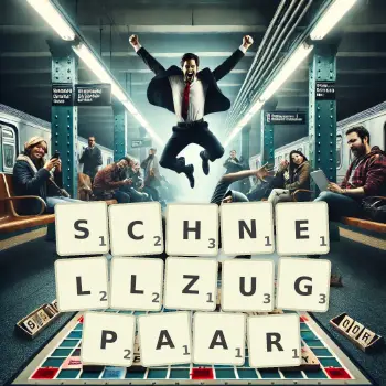 Kreative Illustration für ein Scrabble-Spiel, bei dem das Wort SCHNELLZUGPAAR mit Steinen auf dem Brett gelegt wurde.