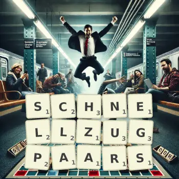 Kreative Illustration für ein Scrabble-Spiel, bei dem das Wort SCHNELLZUGPAARS mit Steinen auf dem Brett gelegt wurde.