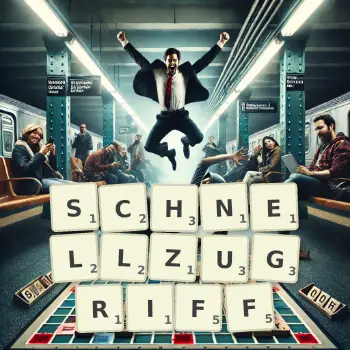 Kreative Illustration für ein Scrabble-Spiel, bei dem das Wort SCHNELLZUGRIFF mit Steinen auf dem Brett gelegt wurde.