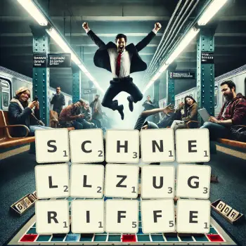 Kreative Illustration für ein Scrabble-Spiel, bei dem das Wort SCHNELLZUGRIFFE mit Steinen auf dem Brett gelegt wurde.