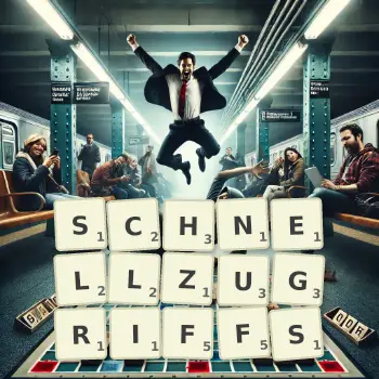 Kreative Illustration für ein Scrabble-Spiel, bei dem das Wort SCHNELLZUGRIFFS mit Steinen auf dem Brett gelegt wurde.