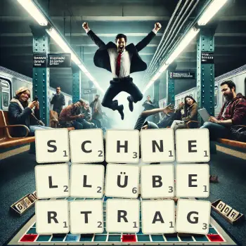 Kreative Illustration für ein Scrabble-Spiel, bei dem das Wort SCHNELLÜBERTRAG mit Steinen auf dem Brett gelegt wurde.