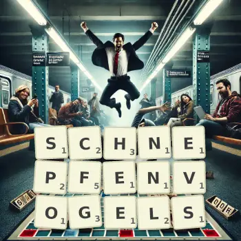 Kreative Illustration für ein Scrabble-Spiel, bei dem das Wort SCHNEPFENVOGELS mit Steinen auf dem Brett gelegt wurde.