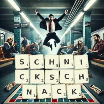 Kreative Illustration für ein Scrabble-Spiel, bei dem das Wort SCHNICKSCHNACK mit Steinen auf dem Brett gelegt wurde.