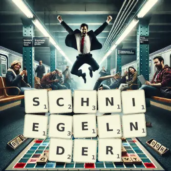 Kreative Illustration für ein Scrabble-Spiel, bei dem das Wort SCHNIEGELNDER mit Steinen auf dem Brett gelegt wurde.