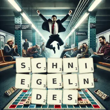 Kreative Illustration für ein Scrabble-Spiel, bei dem das Wort SCHNIEGELNDES mit Steinen auf dem Brett gelegt wurde.