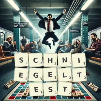 Kreative Illustration für ein Scrabble-Spiel, bei dem das Wort SCHNIEGELTEST mit Steinen auf dem Brett gelegt wurde.
