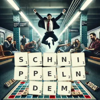 Kreative Illustration für ein Scrabble-Spiel, bei dem das Wort SCHNIPPELNDEM mit Steinen auf dem Brett gelegt wurde.