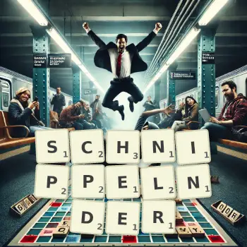 Kreative Illustration für ein Scrabble-Spiel, bei dem das Wort SCHNIPPELNDER mit Steinen auf dem Brett gelegt wurde.