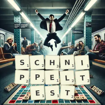 Kreative Illustration für ein Scrabble-Spiel, bei dem das Wort SCHNIPPELTEST mit Steinen auf dem Brett gelegt wurde.