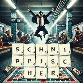 Kreative Illustration für ein Scrabble-Spiel, bei dem das Wort SCHNIPPISCHER mit Steinen auf dem Brett gelegt wurde.