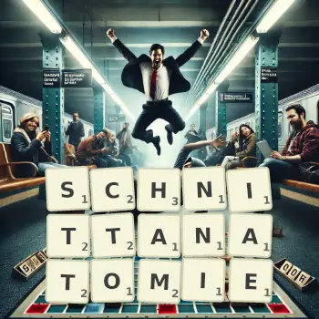 Kreative Illustration für ein Scrabble-Spiel, bei dem das Wort SCHNITTANATOMIE mit Steinen auf dem Brett gelegt wurde.