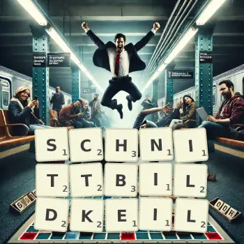 Kreative Illustration für ein Scrabble-Spiel, bei dem das Wort SCHNITTBILDKEIL mit Steinen auf dem Brett gelegt wurde.