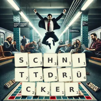 Kreative Illustration für ein Scrabble-Spiel, bei dem das Wort SCHNITTDRÜCKER mit Steinen auf dem Brett gelegt wurde.