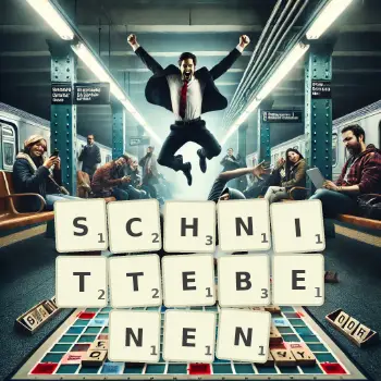 Kreative Illustration für ein Scrabble-Spiel, bei dem das Wort SCHNITTEBENEN mit Steinen auf dem Brett gelegt wurde.
