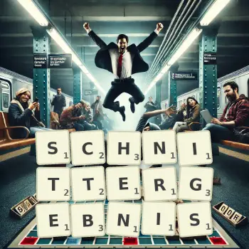 Kreative Illustration für ein Scrabble-Spiel, bei dem das Wort SCHNITTERGEBNIS mit Steinen auf dem Brett gelegt wurde.