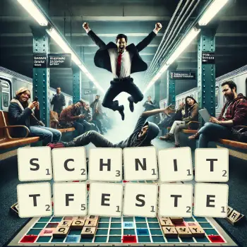 Kreative Illustration für ein Scrabble-Spiel, bei dem das Wort SCHNITTFESTE mit Steinen auf dem Brett gelegt wurde.