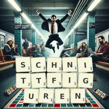 Kreative Illustration für ein Scrabble-Spiel, bei dem das Wort SCHNITTFIGUREN mit Steinen auf dem Brett gelegt wurde.