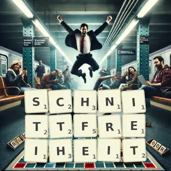Kreative Illustration für ein Scrabble-Spiel, bei dem das Wort SCHNITTFREIHEIT mit Steinen auf dem Brett gelegt wurde.