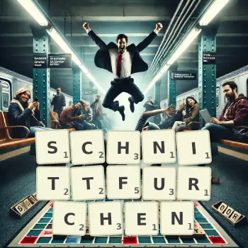 Kreative Illustration für ein Scrabble-Spiel, bei dem das Wort SCHNITTFURCHEN mit Steinen auf dem Brett gelegt wurde.
