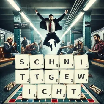 Kreative Illustration für ein Scrabble-Spiel, bei dem das Wort SCHNITTGEWICHT mit Steinen auf dem Brett gelegt wurde.