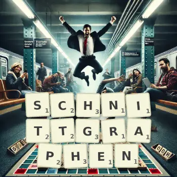 Kreative Illustration für ein Scrabble-Spiel, bei dem das Wort SCHNITTGRAPHEN mit Steinen auf dem Brett gelegt wurde.