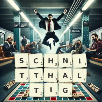 Kreative Illustration für ein Scrabble-Spiel, bei dem das Wort SCHNITTHALTIG mit Steinen auf dem Brett gelegt wurde.