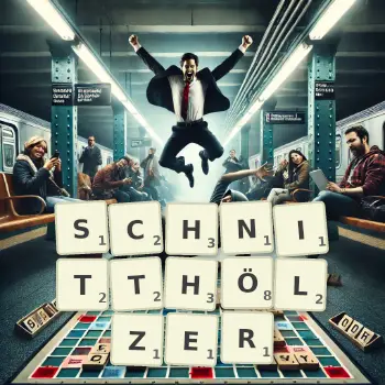 Kreative Illustration für ein Scrabble-Spiel, bei dem das Wort SCHNITTHÖLZER mit Steinen auf dem Brett gelegt wurde.