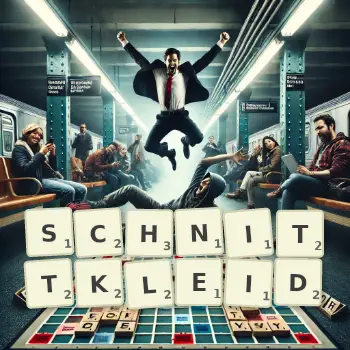 Kreative Illustration für ein Scrabble-Spiel, bei dem das Wort SCHNITTKLEID mit Steinen auf dem Brett gelegt wurde.