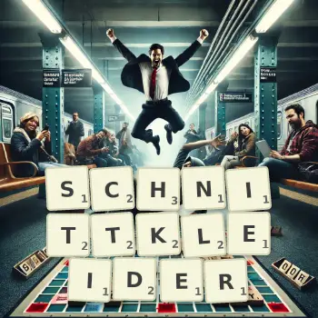 Kreative Illustration für ein Scrabble-Spiel, bei dem das Wort SCHNITTKLEIDER mit Steinen auf dem Brett gelegt wurde.
