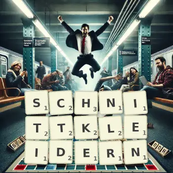 Kreative Illustration für ein Scrabble-Spiel, bei dem das Wort SCHNITTKLEIDERN mit Steinen auf dem Brett gelegt wurde.