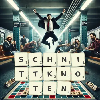 Kreative Illustration für ein Scrabble-Spiel, bei dem das Wort SCHNITTKNOTEN mit Steinen auf dem Brett gelegt wurde.