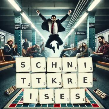 Kreative Illustration für ein Scrabble-Spiel, bei dem das Wort SCHNITTKREISES mit Steinen auf dem Brett gelegt wurde.