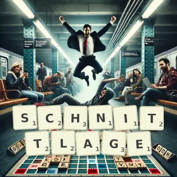 Kreative Illustration für ein Scrabble-Spiel, bei dem das Wort SCHNITTLAGE mit Steinen auf dem Brett gelegt wurde.