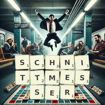 Kreative Illustration für ein Scrabble-Spiel, bei dem das Wort SCHNITTMESSER mit Steinen auf dem Brett gelegt wurde.