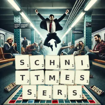 Kreative Illustration für ein Scrabble-Spiel, bei dem das Wort SCHNITTMESSERS mit Steinen auf dem Brett gelegt wurde.