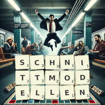 Kreative Illustration für ein Scrabble-Spiel, bei dem das Wort SCHNITTMODELLEN mit Steinen auf dem Brett gelegt wurde.